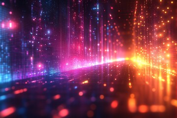 Obraz premium Abstract digital background with glowing neon lights, a futuristic city.