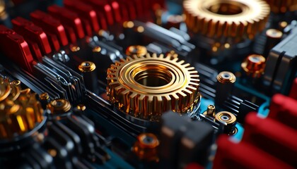 Close-up of intricate mechanical gears and circuit board components, showcasing a blend of metallic textures and colors, ideal for technology and engineering themes.