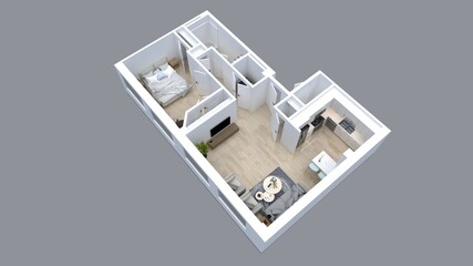 3d floor plan rendering for One bedroom ,kitchen, living , and Bathroom.