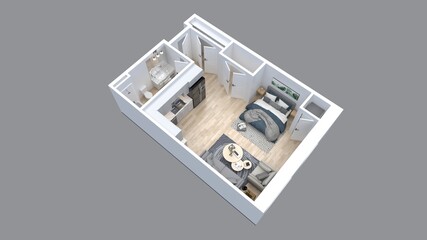 3d floor plan rendering for One bedroom ,kitchen, living , and Bathroom.