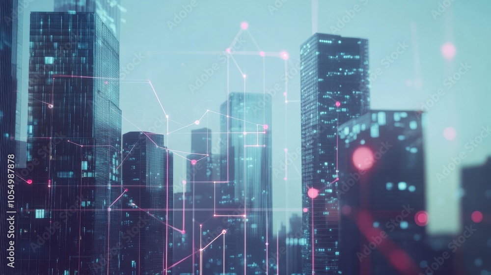 Poster digital overlay of lines and dots on a city skyline, symbolizing ai's impact on modern architecture