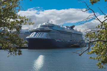 Modern Celebrity family cruiseships cruise ship ocean liners in port of Seattle, Washington State...