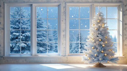 Obraz premium White Christmas tree by window with snow outside
