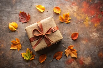 A minimalist autumn gift box rests on a natural backdrop, offering ample copy space for seasonal gift ideas and fall decoration inspirations to delight loved ones.