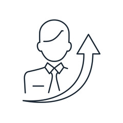 Business man and arrow moving up. Successful activity. Vector linear icon isolated on white background.