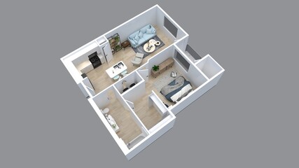 3d floor plan rendering for One bedroom ,kitchen, living , and Bathroom.