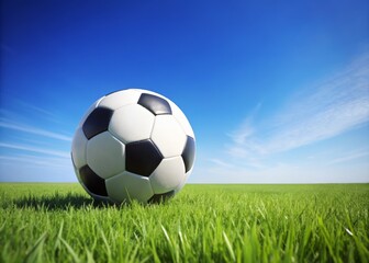 Fototapeta premium A minimalist soccer ball rests in lush green grass on a sunny day, embodying outdoor play, recreation, leisure, and the joy of sports. A serene, active scene.