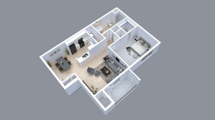 3d floor plan rendering for One bedroom ,kitchen, living , and Bathroom.