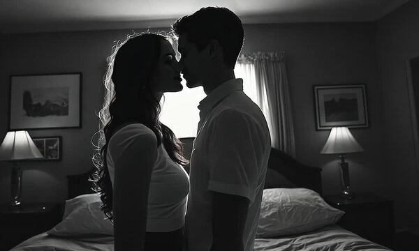 Silhouette of a couple embracing in a softly lit bedroom.