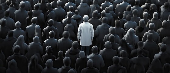Obraz premium A lone figure in white stands among a crowd of dark silhouettes, symbolizing individuality amidst conformity.
