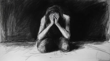 A melancholic figure sits with hands covering their face, reflecting deep emotions and vulnerability against a dark background.