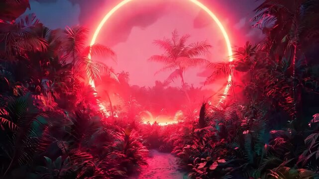 A neon pink circular frame floating in a tropical scene with palm trees, creating a dreamy, retro vibe. The vibrant glow against the silhouetted palms adds a surreal, futuristic feel, blending the cha