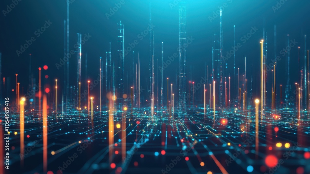 Poster futuristic city skyline with glowing lines and dots, representing generative ai networks