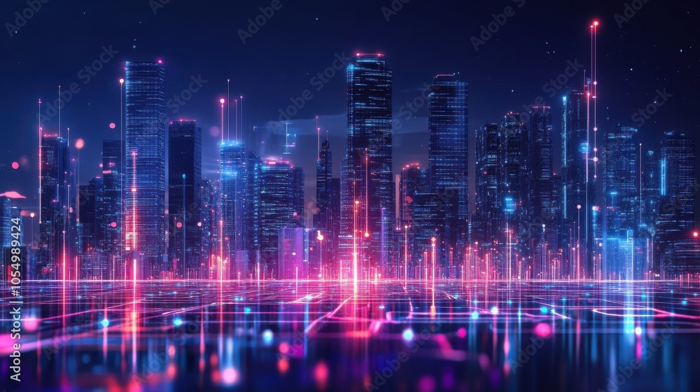 Poster futuristic city skyline with glowing lines and dots, representing generative ai networks