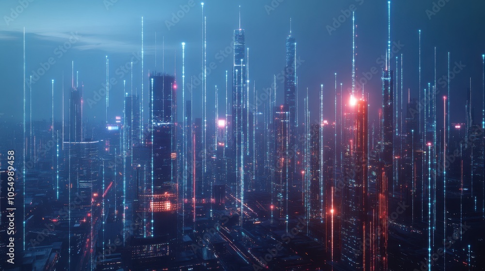 Poster futuristic city skyline with glowing lines and dots, representing generative ai networks