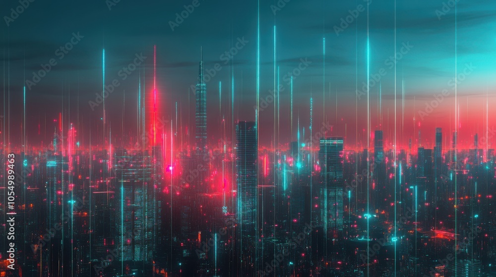 Poster futuristic city skyline with glowing lines and dots, representing generative ai networks