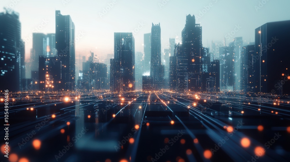 Poster futuristic urban view with a mesh of ai-generated lines and dots connecting buildings