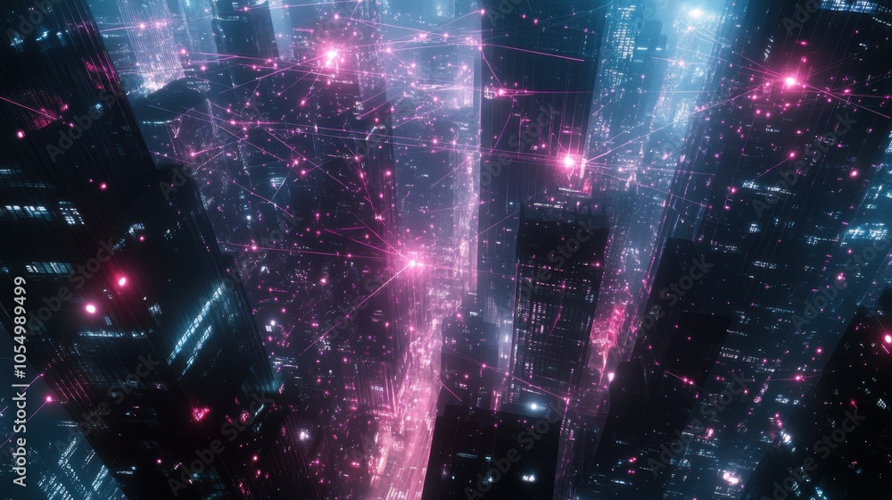 Poster futuristic urban view with a mesh of ai-generated lines and dots connecting buildings