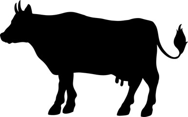 Young cow logo isolated on white backdrop. Dark ink hand drawn background sketchy in art style pen on paper. Side view with space for text