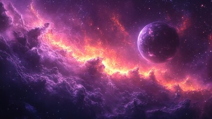 A solitary planet in a vibrant nebula with fiery red and purple hues.