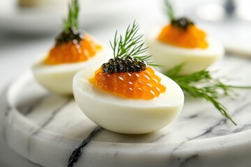 A decadent hors d'oeuvre featuring a caviar-stuffed quail egg, presented on a marble serving plate with a sprig of dill, capturing the elegance and sophistication of gourmet cuisine.