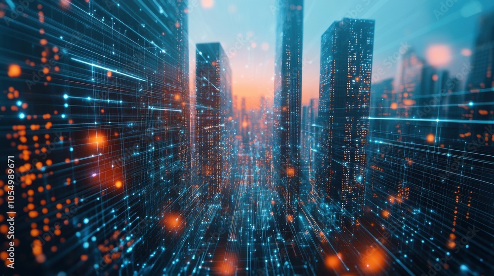Poster generative ai lines and dots merging with skyscrapers in a futuristic cityscape