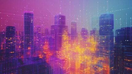 Generative AI lines and dots creating a matrix over a vibrant cityscape