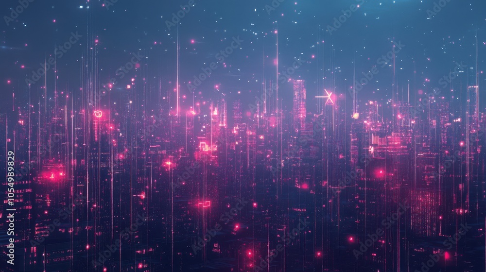Poster generative ai-enhanced cityscape with glowing dots and lines, representing technological