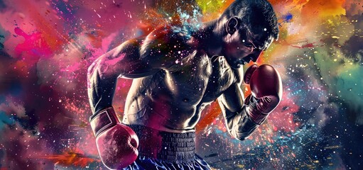 Fototapeta premium Boxing sport man boxer colorful splash