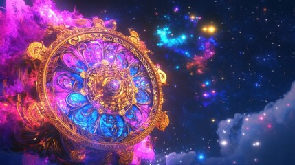 Fototapeta premium A glowing zodiac wheel with intricate designs, set on an abstract background filled with stars and colorful nebulae.