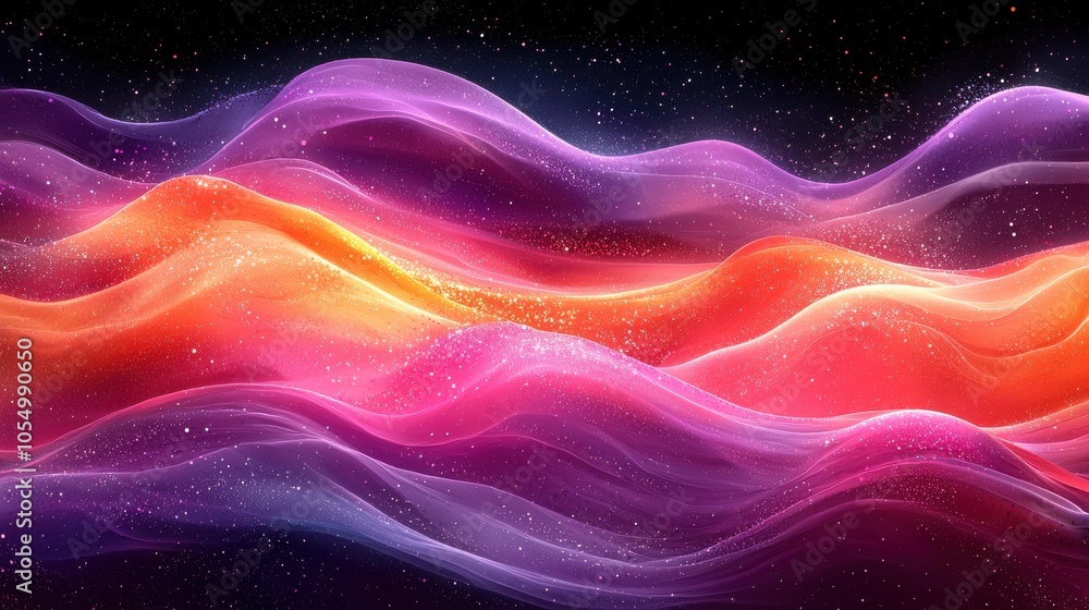 Poster abstract waves of vibrant colors flowing seamlessly in a dark background, creating a dynamic and hyp