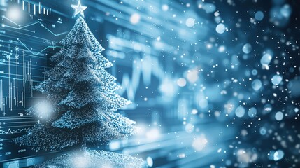 A professional holiday-themed email template featuring a Christmas tree and festive icons like stars and bells, with business charts in the background.