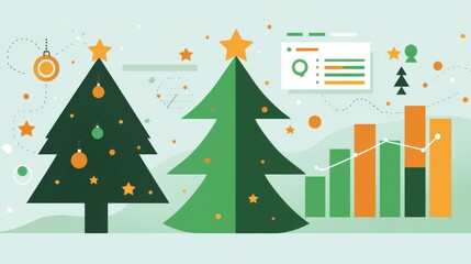 A professional holiday-themed email template featuring a Christmas tree and festive icons like stars and bells, with business charts in the background.