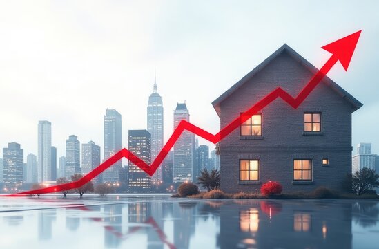 Real estate market and commercial property crisis concept with red falling graph with arraw and cityscape on background, double exposure
