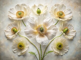 Obraz premium Architectural Photography of Real Pressed White Poppy Flowers Petal Plant Inflorescence, Captivating Natural Beauty, Elegant Floral Arrangement, Unique Botanical Art, Minimalist Style