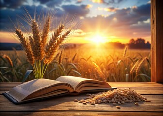 Architectural Photography of Wheat Seed on Holy Bible, Symbolizing Spiritual Growth and the Christian Concept of Bearing Fruit - Nature Meets Faith in Design