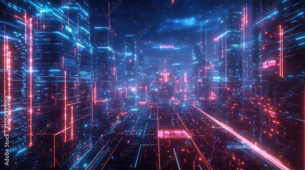 Poster high-tech cityscape with neon lines and dots indicating ai-driven systems