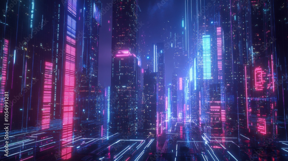 Poster high-tech cityscape with neon lines and dots indicating ai-driven systems
