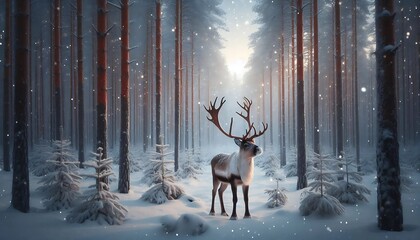 Majestic reindeer standing in a serene, snow-covered forest with towering pine trees and soft snowfall. A peaceful winter landscape capturing the magic of nature during the holiday season.