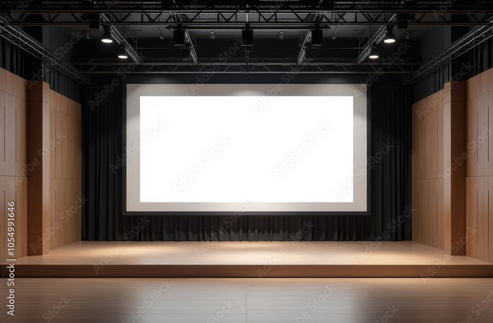 Poster front view on big blank white illuminated screen with space for your text or logo in empty huge hall