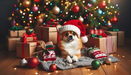 Adorable dog in a Santa hat posing by a Christmas tree surrounded by wrapped presents, festive ornaments, and twinkling lights, creating a warm and joyful holiday scene.
