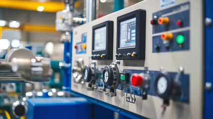 Fototapeta premium High-tech industrial control panel with digital displays in a modern factory