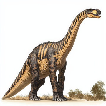 Lambeosaurus is large dinosaur with distinctive crest, featuring unique striped pattern on its body. This modern illustration showcases its impressive stature and features