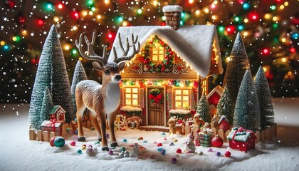 A festive Christmas scene featuring a snow-covered reindeer and a cozy, decorated house illuminated with colorful lights. Surrounded by Christmas trees, gifts, and ornaments under falling snow.
