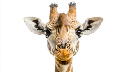 Obraz premium Giraffe Face and Expression Captured in High Detail, Showcasing Distinct Features and Texture, Isolated on White Background, Image Made Using Generative AI