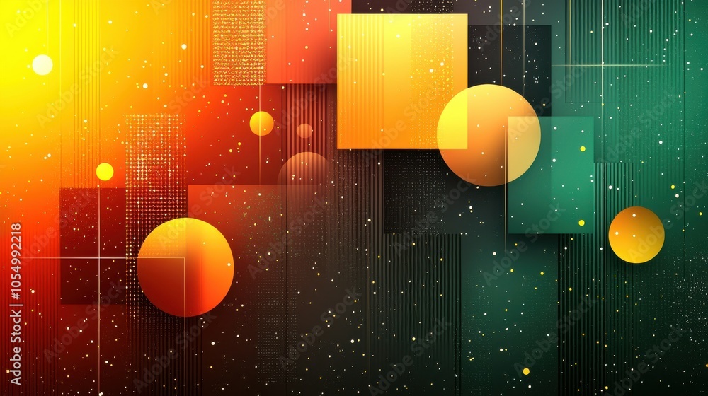 Poster abstract geometric design featuring colorful circles and squares on a dark background with a vibrant