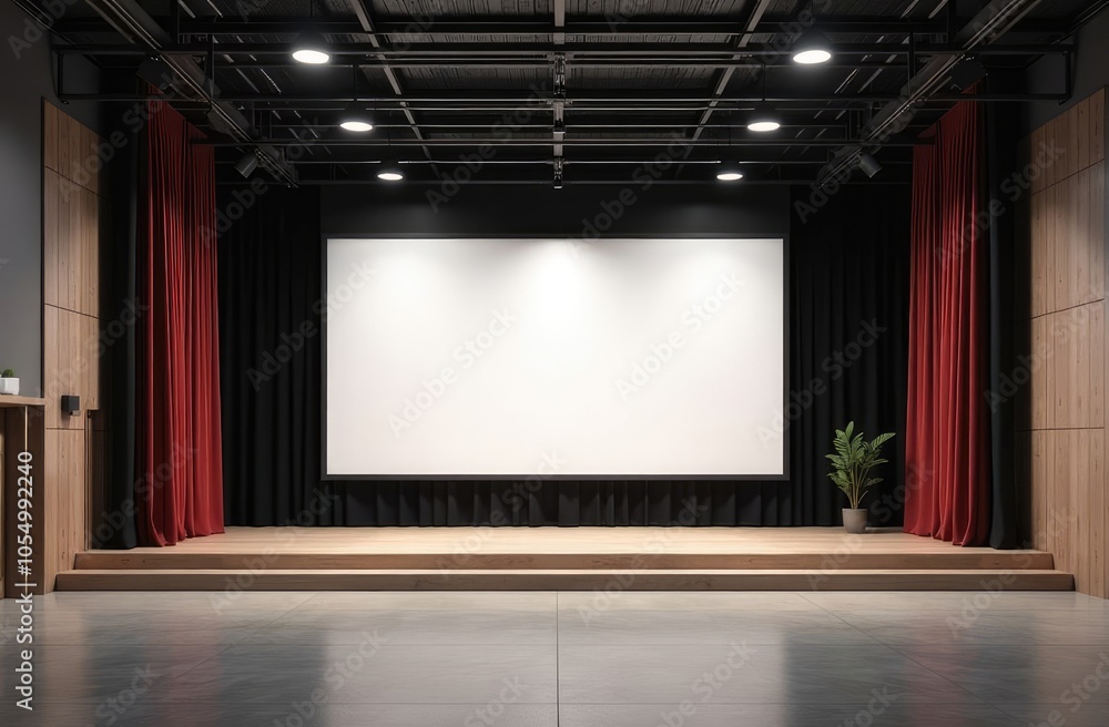 Poster front view on big blank white illuminated screen with space for your text or logo in empty huge hall