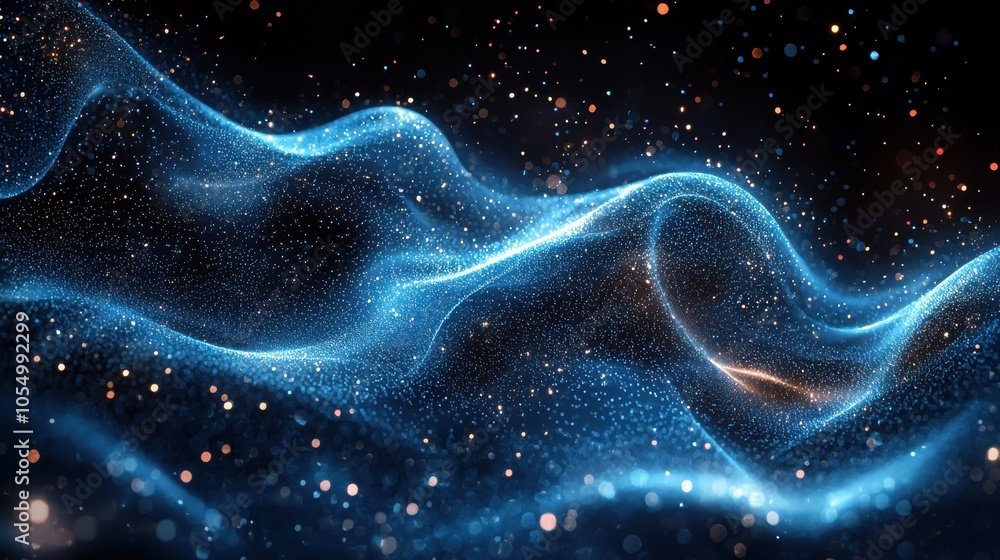 Poster mystical blue and silver wave pattern with shimmering particles in a dark space background
