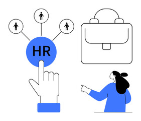 Hand pointing to HR icon connected to people, briefcase, and person pointing. Ideal for HR, recruitment, business, teamwork, and leadership. Simple vector style with blue, white, and black