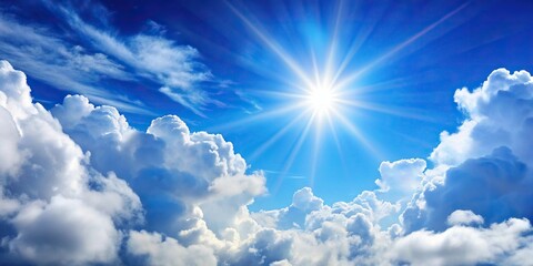 White clouds and sun at a tilted angle against blue sky